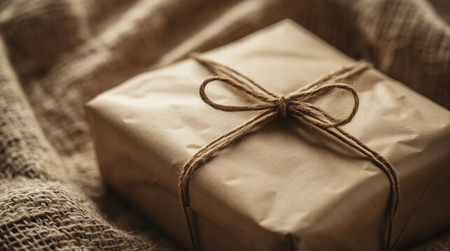 A gift wrapped in brown paper with a twine bow on a burlap surface in soft natural lighting