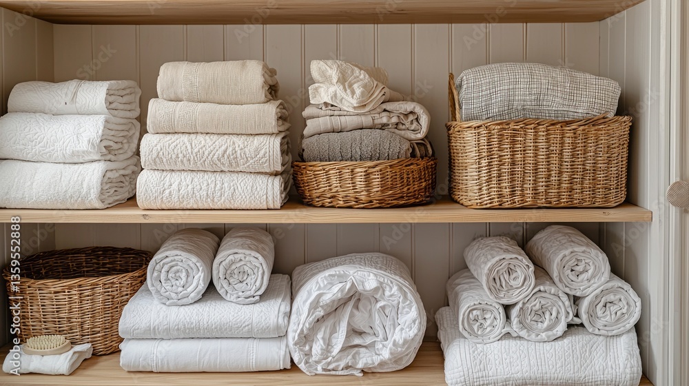 Poster Soft, neatly stacked towels lay arranged on a wooden shelf, creating a serene and inviting space. Natural textures offer warmth, while woven baskets enhance the organized aesthetic