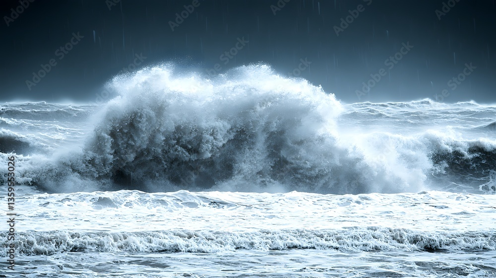 Poster powerful wave crashing on the shoreline capturing the force of nature with white foam and turquoise 