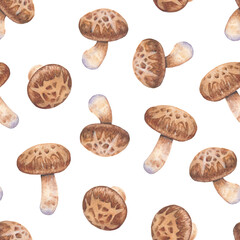 Seamless pattern of Realistic watercolor Shiitake mushrooms
