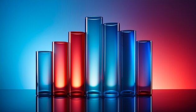 colorful glass cylinders with glossy transparent texture modern abstract composition vibrant blue and red hues on gradient background - Powered by Adobe