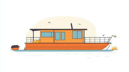 A bright orange house boat floats gently on the water peacefully