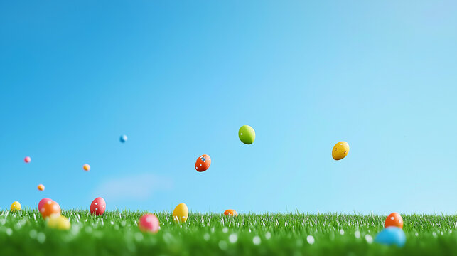 colorful easter eggs above green grass against blue sky, copy space for text