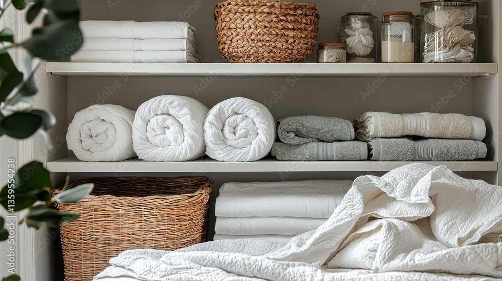 Poster soft white linens and rolled towels are meticulously arranged on shelves, while a woven basket adds 