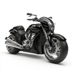 Fototapeta premium Modern Black Motorcycle with Chrome Exhaust Pipes and Single Rider Seat on White Background