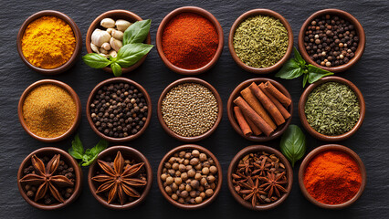 Colorful Assortment of Spices in Wooden Bowls