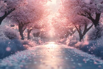 wiosna, kwitnące drzewa, sakura, kwiaty wiśni, kwitnienie, delikatne płatki, natura, romantyczna sceneria, park wiosenny, lekkość, ciepłe dni, kwiatowe krajobrazy, spacer, aleja drzew, błękitne niebo,