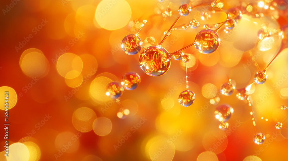 Poster amber-colored spheres linked by thin lines, set against a bokeh background of similar hues. represen