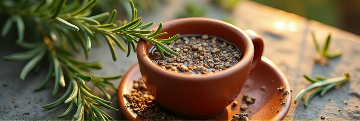 Herbal tea with rosemary and spices in ceramic cup on sunlit table