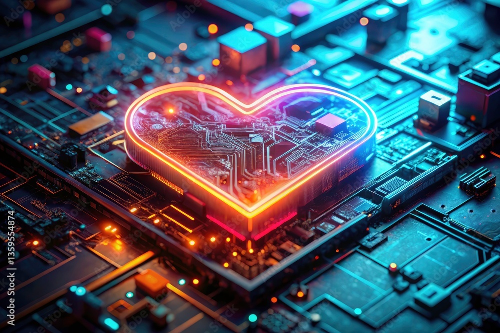 Aufkleber panoramic techno heartbeat: closeup circuit board led pulse - high resolution ai generated image