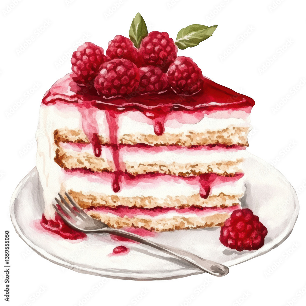 Poster a delicious slice of layered cake topped with raspberries and a glossy raspberry sauce served on a w