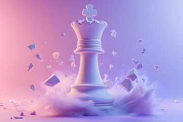szachy, strategia, władza, lider, rozpad, transformacja, abstrakcja, sztuka 3D, metafora, minimalizm, pastelowe kolory, surrealizm, decyzje, logika, sukces, porażka, subtelne światło, elegancja, intro