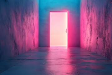 drzwi, otwarte, portal, metafora, przyszłość, wybór, zmiana, surrealizm, iluzja, tajemnica, przestrzeń, minimalizm, pastelowe tło, nowe możliwości, symbolika, nieznane, inspiracja, refleksja, światło,