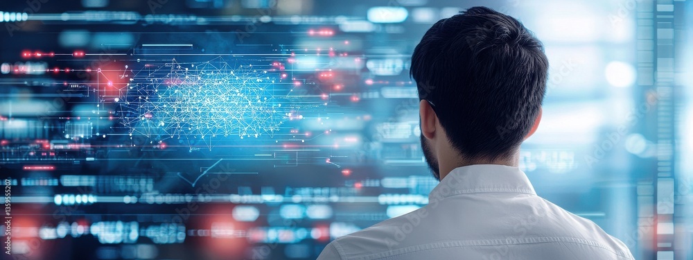 Poster man analyzing data visualizations on digital interface in office