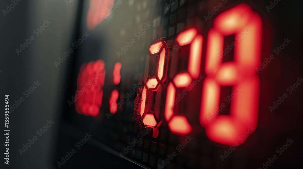 Poster red glowing numbers on a digital clock. the numbers are 1, 2, and 8. the clock is in a dark room.