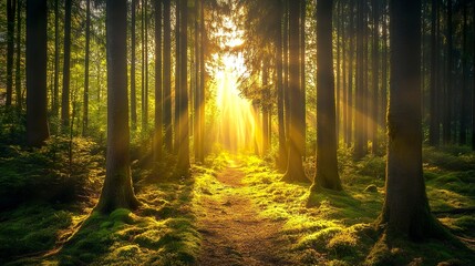 Obraz premium Lush anime forest with towering trees, sunlight streaming through the canopy in golden rays, a moss-covered path leading into the distance, warm and serene tones. 