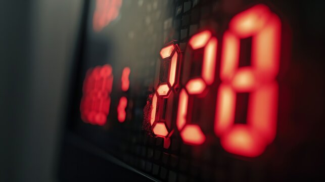 Red glowing numbers on a digital clock. The numbers are 1, 2, and 8. The clock is in a dark room. - Powered by Adobe