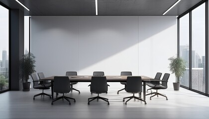 minimalist office interior with empty white wall and large table with chairs near windows overlooking cityscape 3d rendering