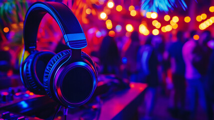 Close up of black headphones on a dj mixer in a club with people and colorful lights behind