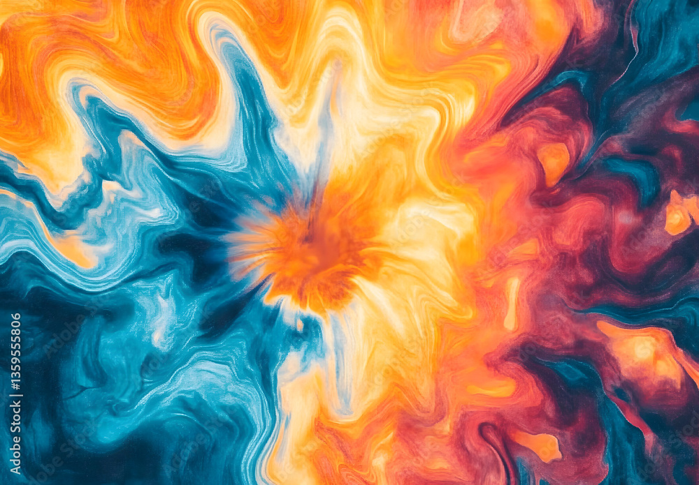 Poster bright and colorful tiedye pattern with swirls of orange and blue creating an artistic visual effect