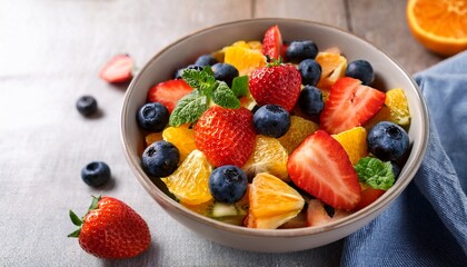 a bowl of fruit salad with strawberries blueberries and oranges