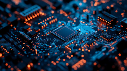 Fototapeta premium Close up of a complex computer circuit board with orange and blue light effects creating a futuristic look