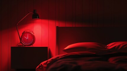 A dimly lit bedroom with a red aesthetic. There is a bed, a nightstand, and a lamp on the nightstand.