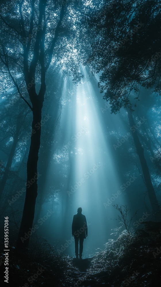 Aufkleber a solitary figure gazes upward in a serene forest, where the ethereal light breaks through foggy tre