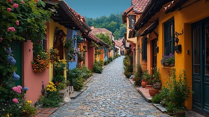 Fototapeta premium Colorful European alleyway with flowers