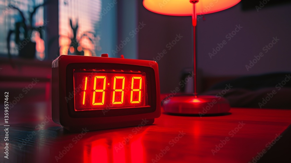 Poster a retro red alarm clock is sitting on a wooden table next to a lamp. the clock is displaying the tim