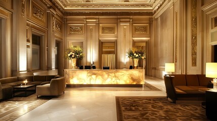 Fototapeta premium Luxury hotel reception featuring a backlit marble desk, high ceilings, intricate decorative panels, and plush seating areas for a sophisticated ambiance. 