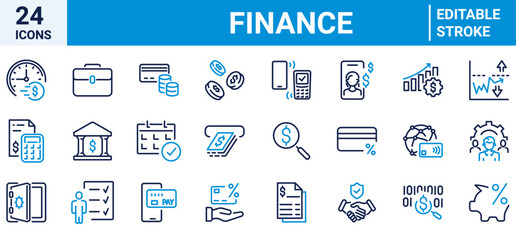 Finance web line icons collection. cash, saving, financial goal, profit. Editable stroke. Vector illustration