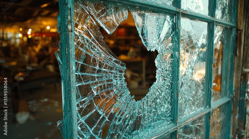Poster a broken glass window showcases jagged edges, allowing a glimpse into an old warehouse filled with d