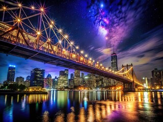Fototapeta premium Queensboro Bridge Night Photography: Stunning Cityscape, Iconic Landmark, Night Lights, Manhattan Skyline, Dark Sky, Long Exposure, City Nightscape, Bridge Photography