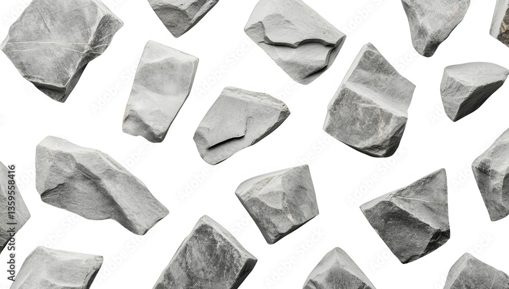 Poster irregularly shaped gray stones arranged on a light background showcasing their natural textures and 
