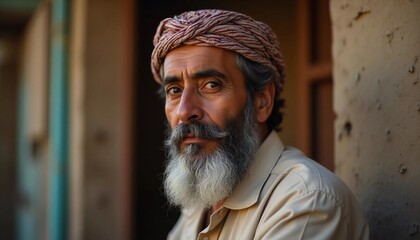 Fototapeta premium A Yemeni man gazes thoughtfully into the distance, exuding wisdom and experience. His traditional attire and headscarf complement the rustic charm of his surroundings in Yemen Generative AI