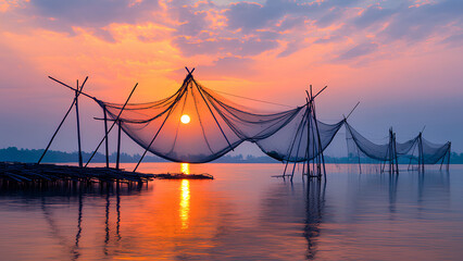 Obraz premium Traditional Fishing Nets at Sunset Over Serene River Landscape
