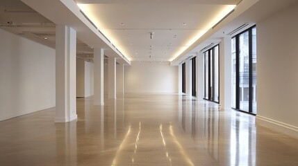 Fototapeta premium Minimalist empty space with sharp lines, clean white walls, and polished floors, illuminated by overhead recessed lighting for a modern look. 
