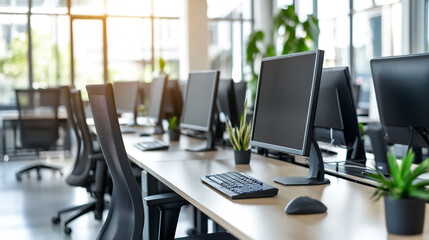 Fototapeta premium A bright office space with computers chairs and plants in a modern work environment setup