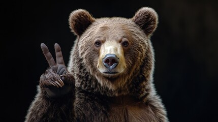 Portrait of a funny brown bear showing a peace gesture