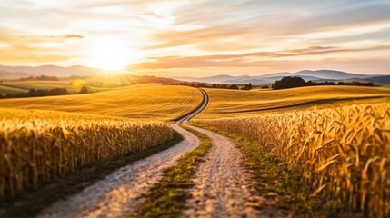 Obraz premium Golden Wheat Field Sunset Rural Road Countryside Landscape
