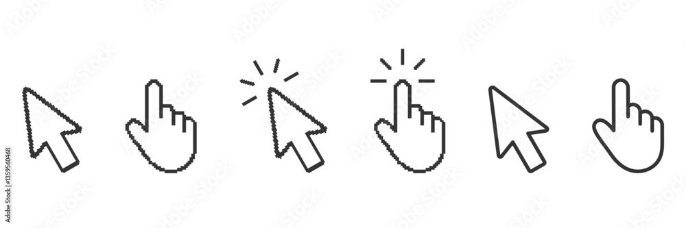 Poster cursor and hand pixelated icon set. pixel art symbol collection of cursor and hand icons. isolated v