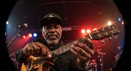 Obraz premium Bluesman's soulful performance at a dimly lit concert venue. The close-up shot emphasizes the musician's skillful playing and the emotional intensity of the music.