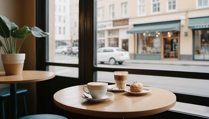 Fototapeta premium Cozy Cafe Scene: Coffee, Pastry, and City View from a Window Seat