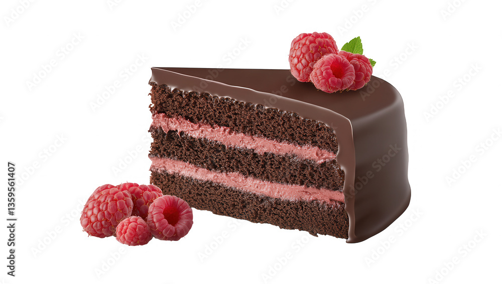 Poster a slice of chocolate raspberry cake showcasing rich layers of chocolate sponge and raspberry filling