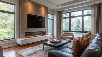 Fototapeta premium Minimalist living room with a sleek built-in fireplace, clean lines and warm neutral tones, soft textures and ambient lighting blending coziness with modern elegance. 