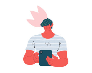 Writing people, modern flat vector concept illustration- standing man thoughtfully writing on tablet, bubble near head Metaphor for reflection, personal insight, contemplation, creative expression