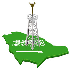 3D map of Saudi Arabia in the colors of the Saudi flag with an oil well (cut out)