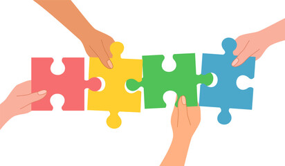 Four hands holding and making puzzle together trendy halftone collage elements. Metaphor of partnership, teamwork concept. Modern retro vector illustration isolated on transparent background