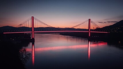 Fototapeta premium Illuminated suspension bridge at sunset reflecting in calm water.